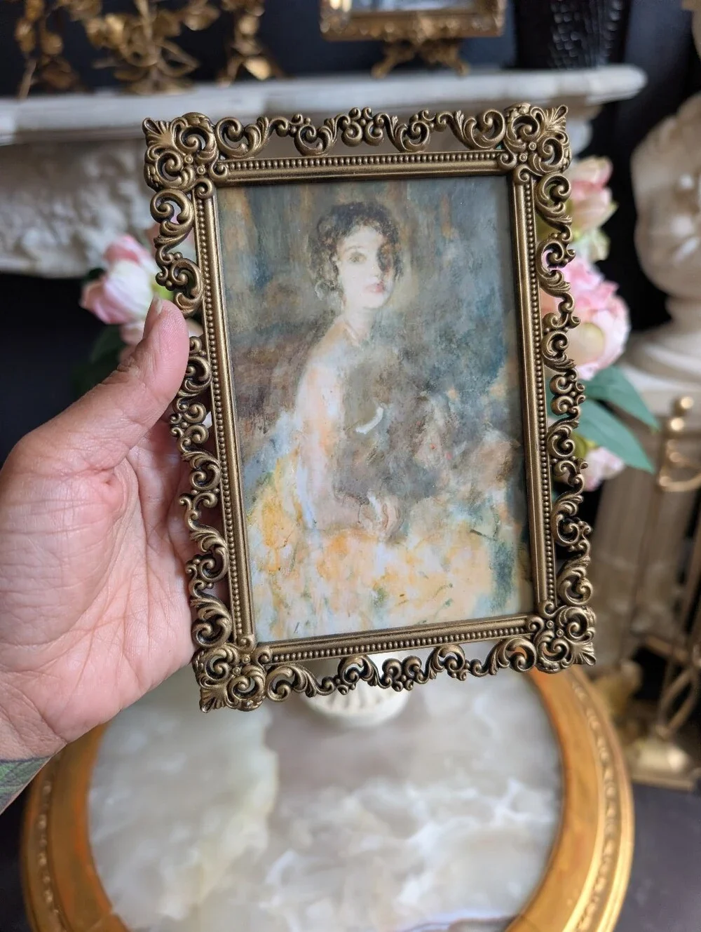Vintage Small Metal Ornate Photo Frame w/  VTG Style Moody Victorian lady Print